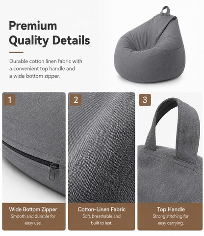 Highdi Bean Bag Without Fillings - Cotton Linen Durable & Comfortable, Storage Grey Bean Bag Chair for Living Room/Bedroom/Gaming Room
