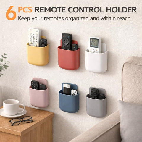 6Pcs Remote Control Holder Wall Mounted, Self Adhesive Remote Control Organiser, No Drill Wall Storage Box with Charging Port, for Phone, Pen, Power
