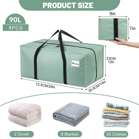 Dntorx 8 Pack 90L Moving Bags, Heavy Duty Waterproof Storage Bags, Green