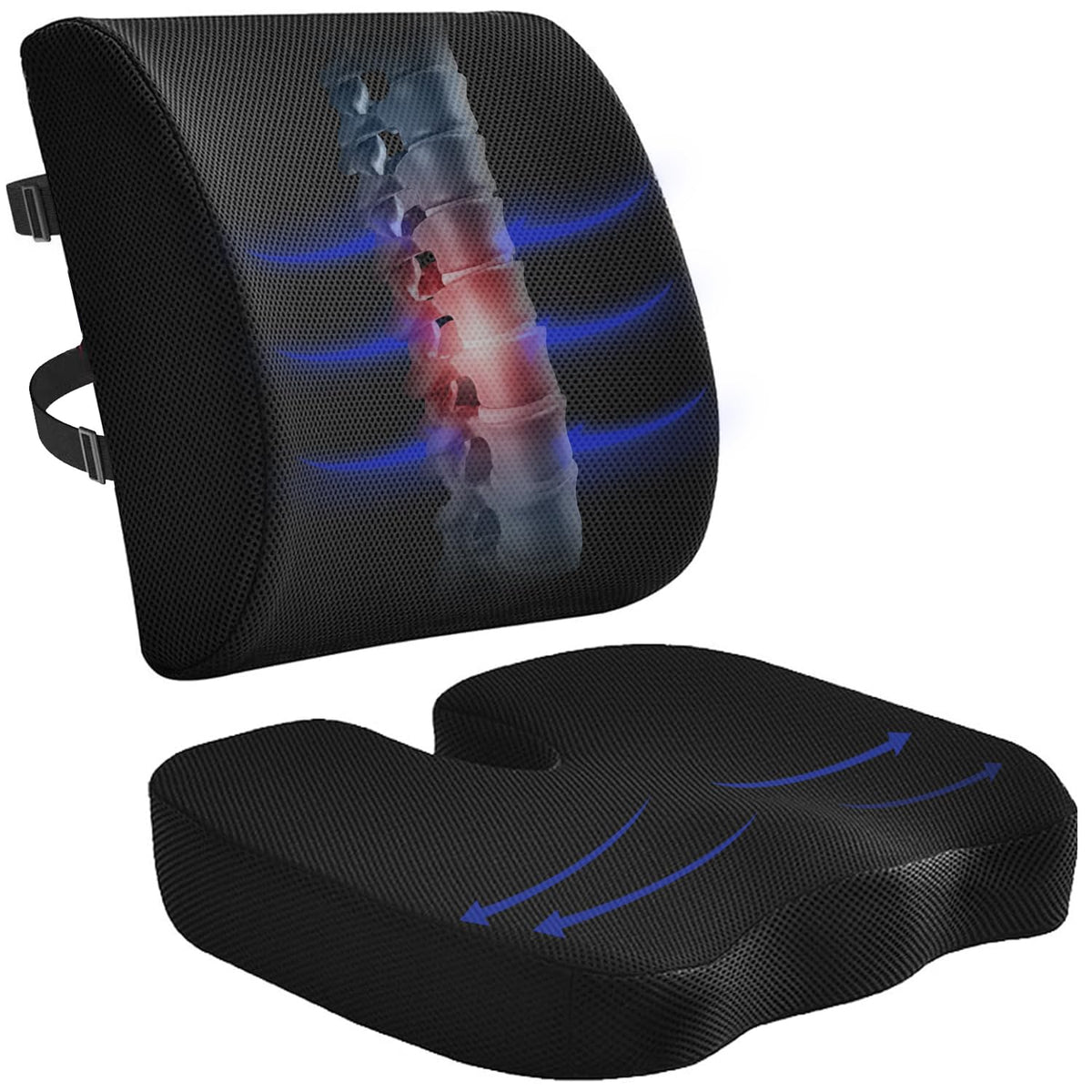 Senaire Seat Cushion & Lumbar Support Pillow, Memory Foam Coccyx Cushion for Tailbone Pain Sciatica Hemorrhoid Bum Lower Back Pain Relief