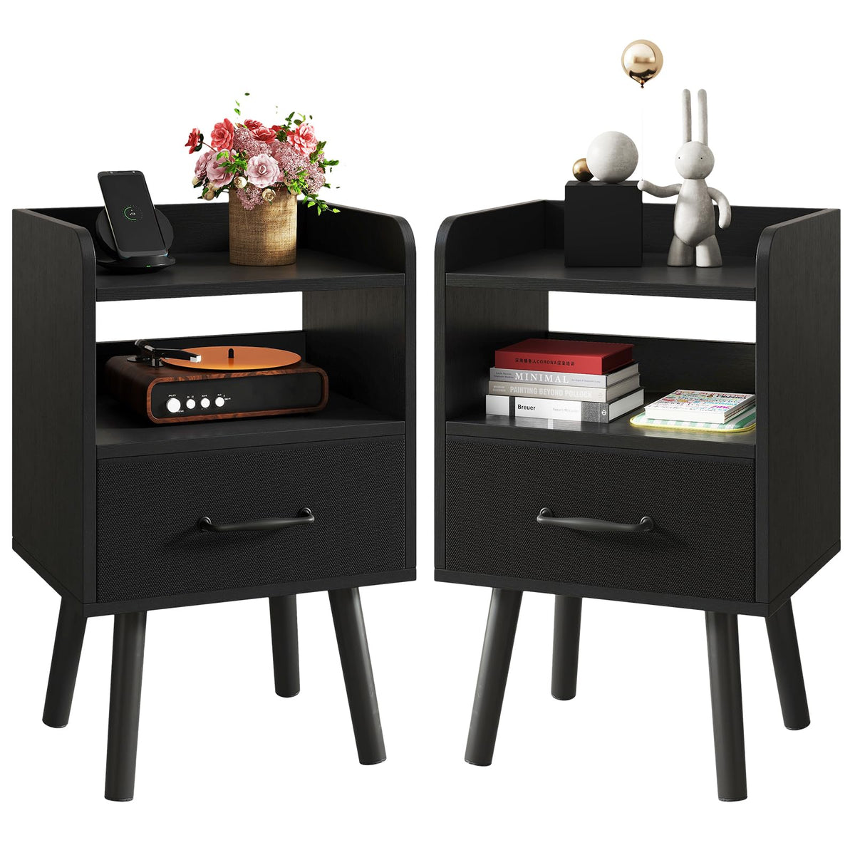 YMYNY Bedside Table Set of 2, Nightstand, Side Table, Wooden Sofa End Table with Fabric Drawer, Open Shelf, Solid Wood Legs, 39x29x63 cm, for Bedroom