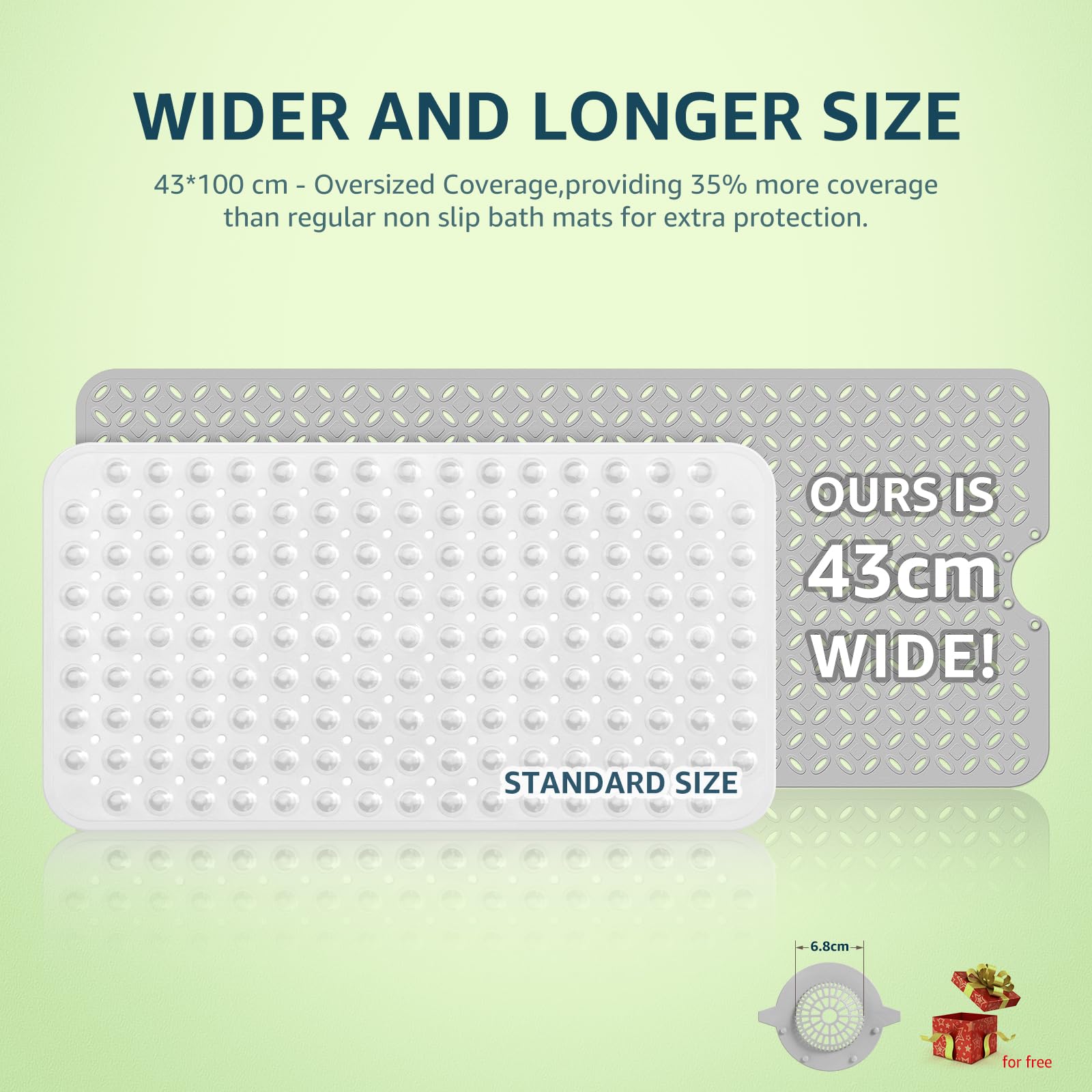 Yolife Bath Mat for Tub Non Slip: 43 X 100 cm Long Bathtub Mat with Hair Catcher│Big Drain Holes Shower Mats for Inside Shower│Machine Washable (Grey)