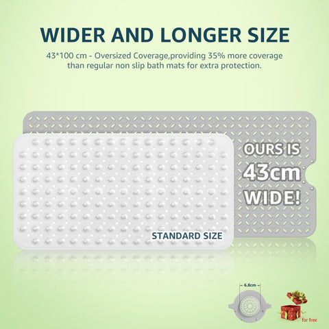 Yolife Bath Mat for Tub Non Slip: 43 X 100 cm Long Bathtub Mat with Hair Catcher│Big Drain Holes Shower Mats for Inside Shower│Machine Washable (Grey)