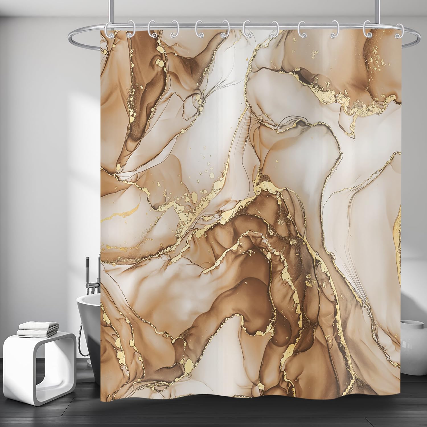 Hnmdmyi Marble Shower Curtain 180x180, Brown Gold Abstract Marble Bathroom Curtains Luxury Modern Aesthetic Art Ink Texture Waterproof Polyester