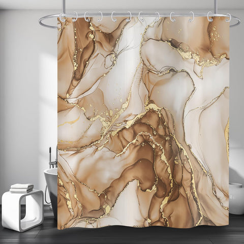 Hnmdmyi Marble Shower Curtain 180x180, Brown Gold Abstract Marble Bathroom Curtains Luxury Modern Aesthetic Art Ink Texture Waterproof Polyester