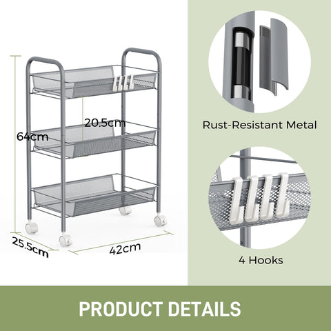 WELDUN 3-Tier Storage Trolley, Meatl Rolling Cart, Mesh Storage Cart Gray