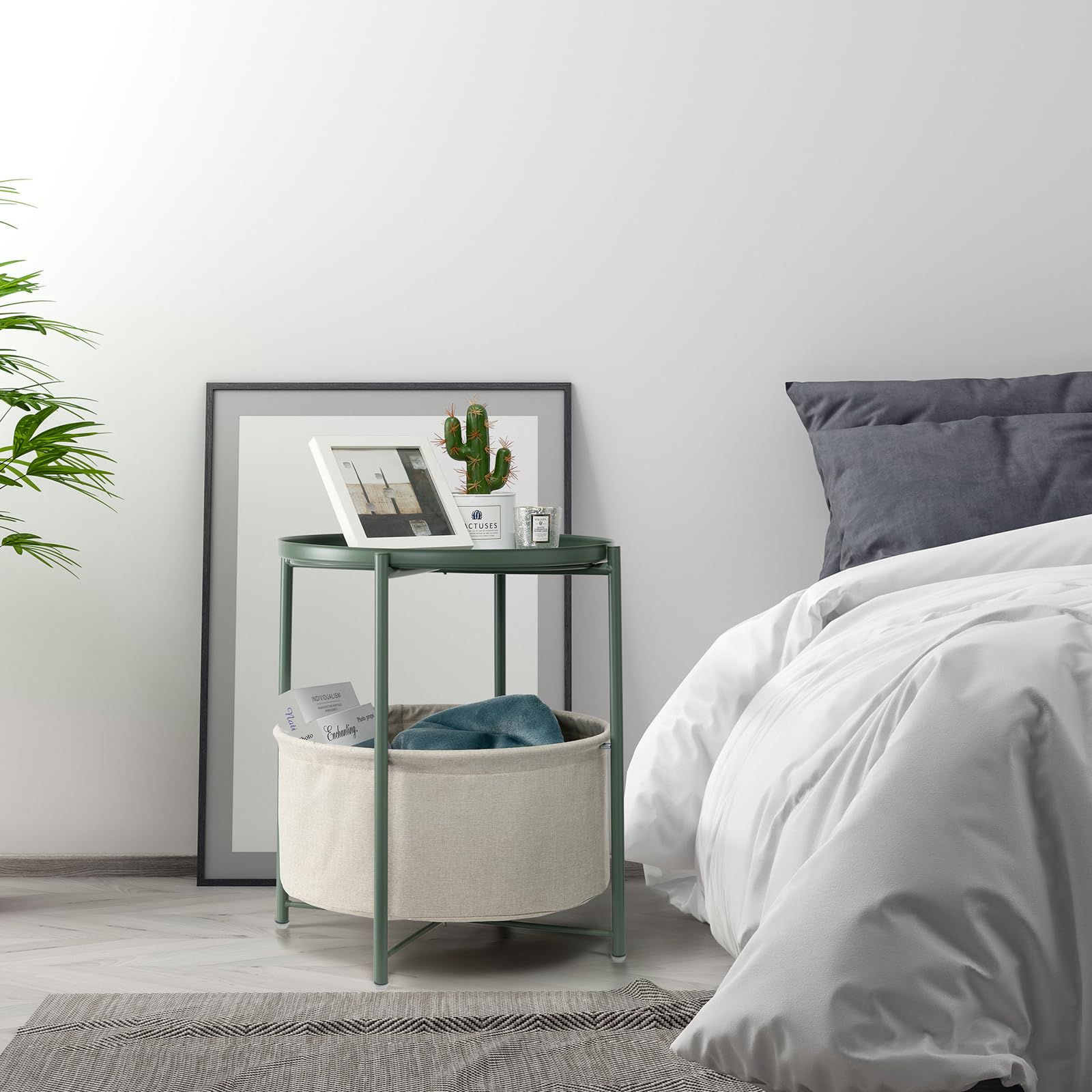 danpinera Round Side Table with Fabric Storage Basket, Metal Side Table Small Bedside Nightstand with Removable Tray for Living Room, Bedroom