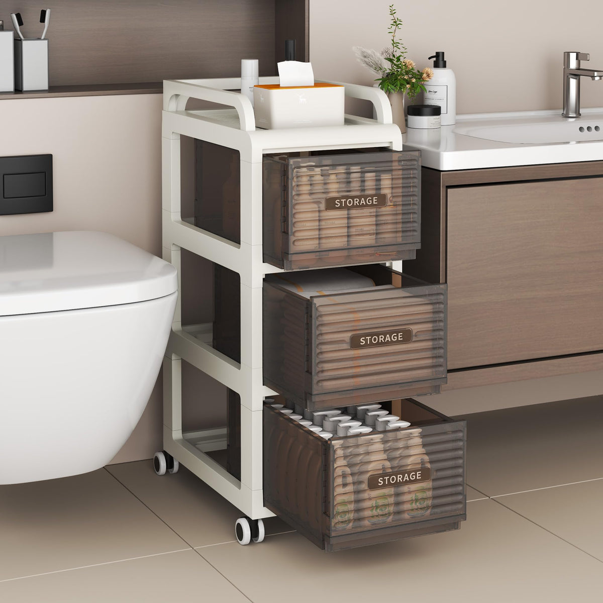 30cm Bathroom Cabinet, 3 Drawers Storage unit, 75cm Tall Toliet Organiser