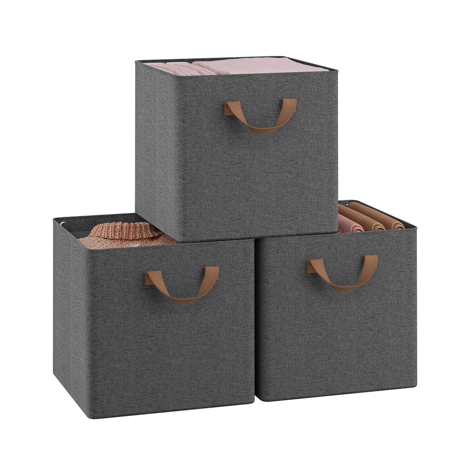 WOLTU Fabric Storage Boxes Set of 3, Collapsible Cube Baskets with Handles and Metal Frame, Wardrobe Organisers for Bedroom, Living Room, Study