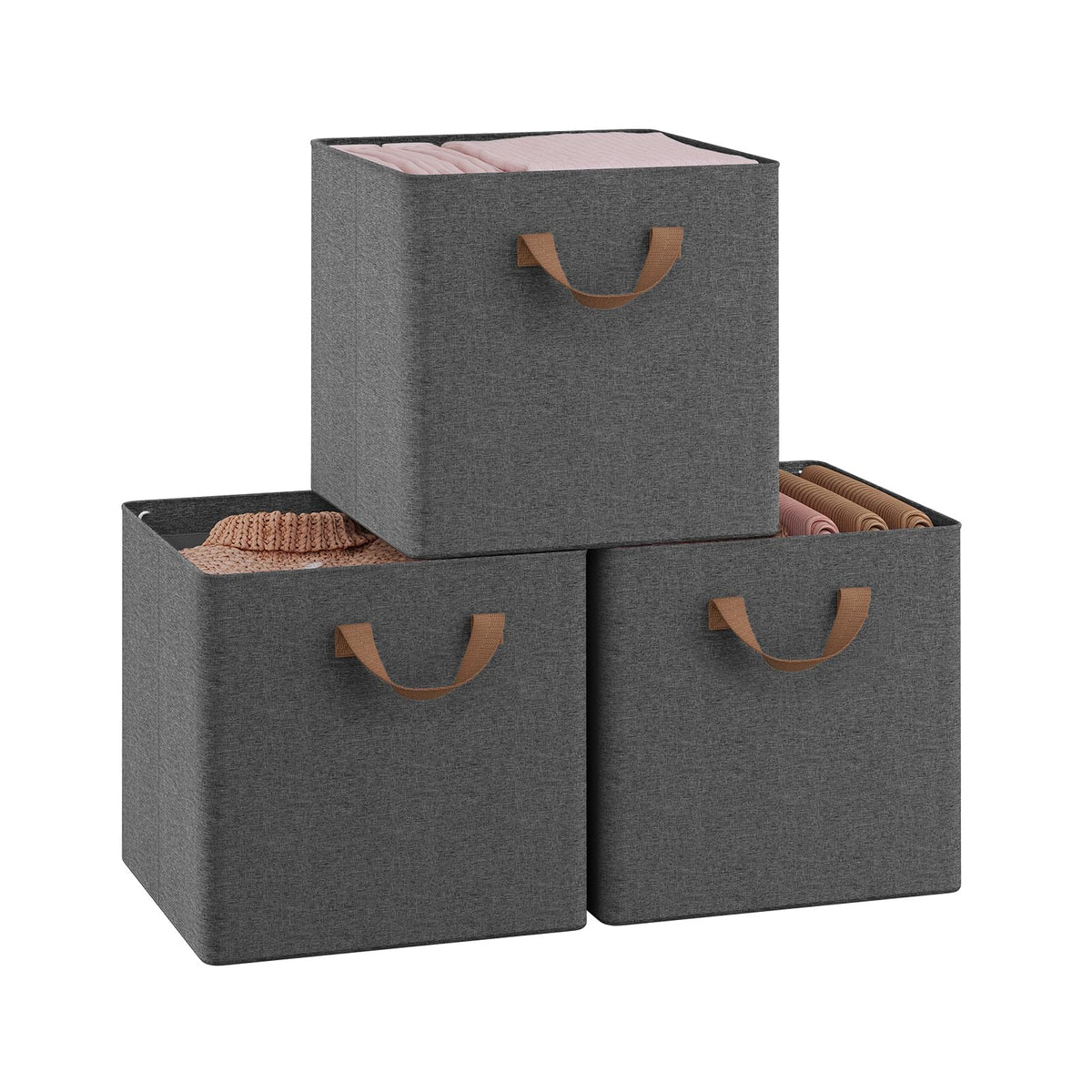 WOLTU Fabric Storage Boxes Set of 3, Collapsible Cube Baskets with Handles and Metal Frame, Wardrobe Organisers for Bedroom, Living Room, Study