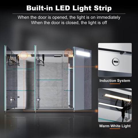 ELEGANT Illuminated Bathroom Cabinet with Mirror Large Wall Mounted Mirror Cabinet with Bluetooth, Shaver Socket, Dimmer, Touch Switch 900 x 650mm