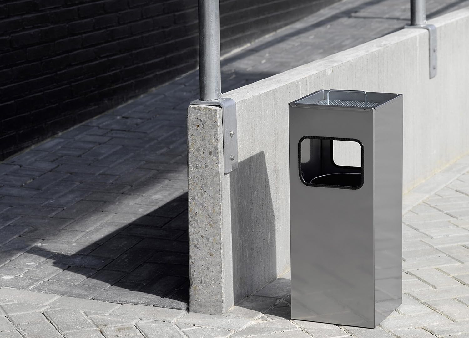 Durable Metal Square Waste Bin Silver With Ashtray Top - Bin Capacity 17 Litres - Ashtray Capacity 2 Litres - Ideal for Sheltered Outdoor Areas