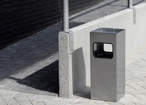 Durable Metal Square Waste Bin Silver With Ashtray Top - Bin Capacity 17 Litres - Ashtray Capacity 2 Litres - Ideal for Sheltered Outdoor Areas