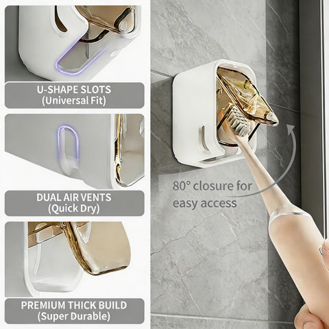 4pc Wall Mount Toothbrush Holder with Lid Self Adhesive, No Drill