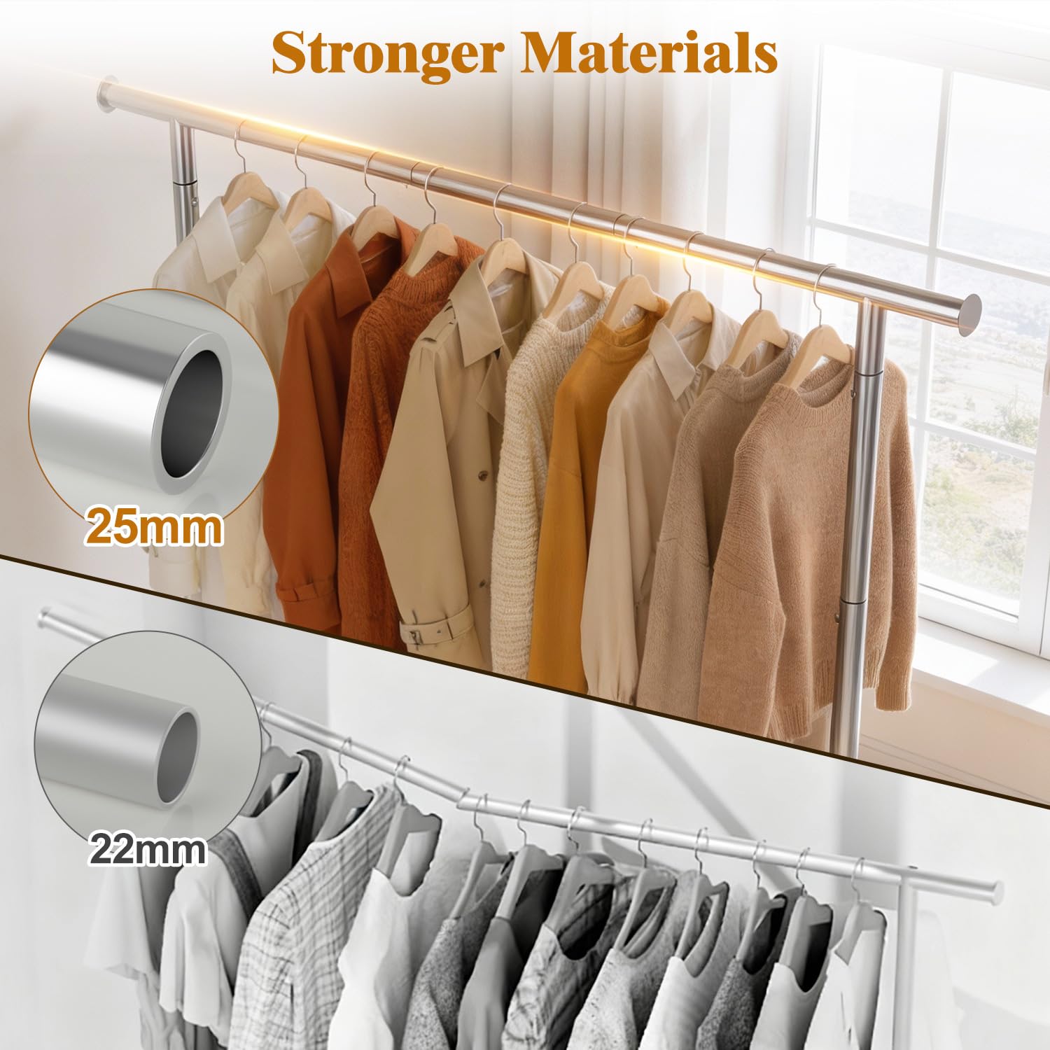 EAGMAK Metal Clothes Rail with Shelf for Hanging Clothes, Sturdy Freestanding Clothes Hanging Rail for Wardrobe & Bedroom Clothing Storage, Silver