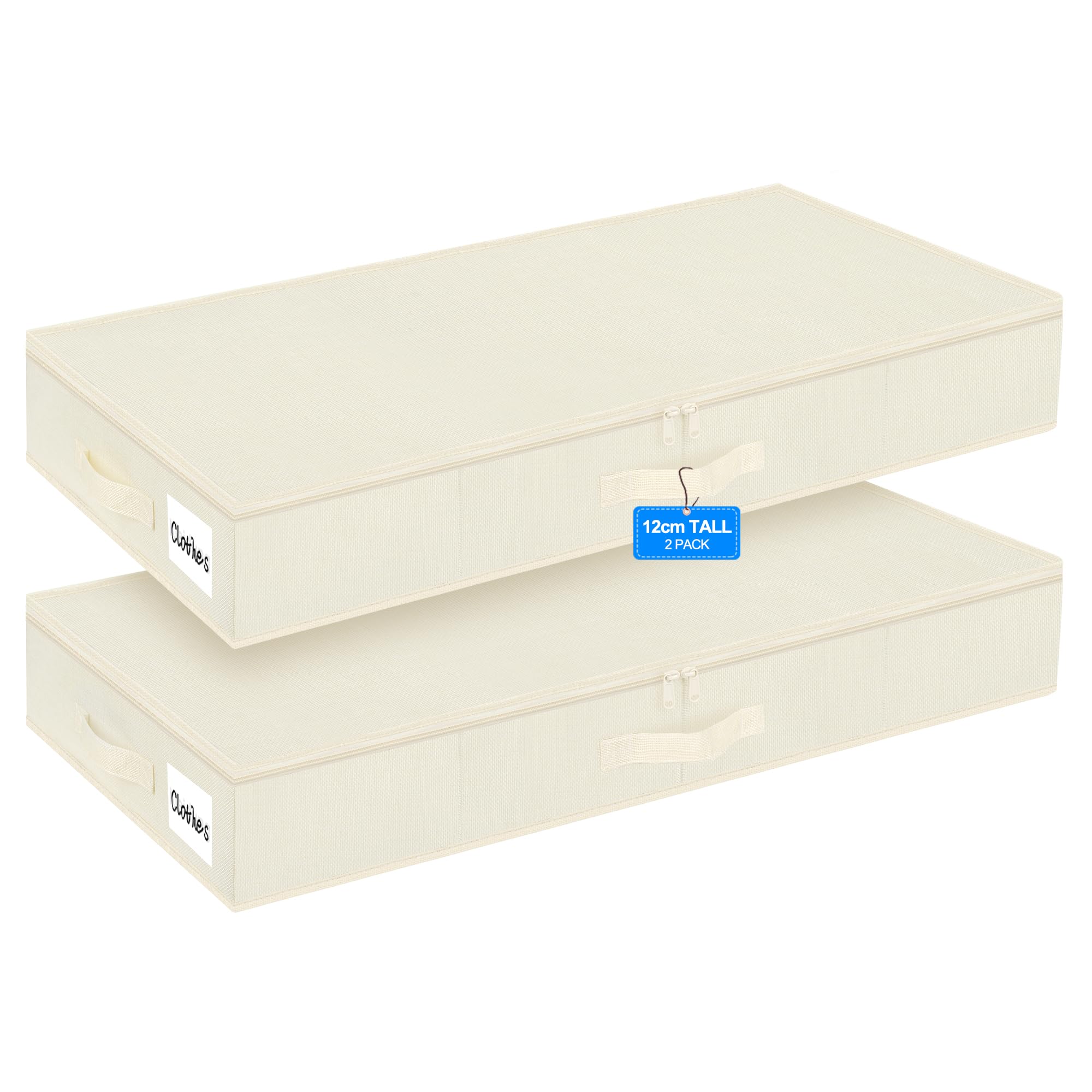 40L 12cm Slim Under Bed Storage Boxes with Zipped Lids, 2 Pack, Beige