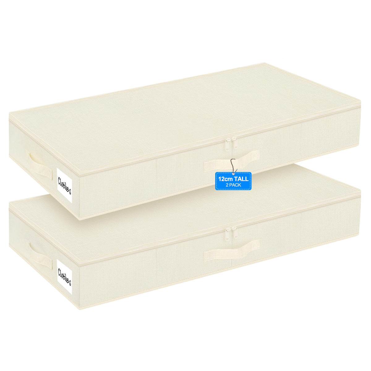 40L 12cm Slim Under Bed Storage Boxes with Zipped Lids, 2 Pack, Beige