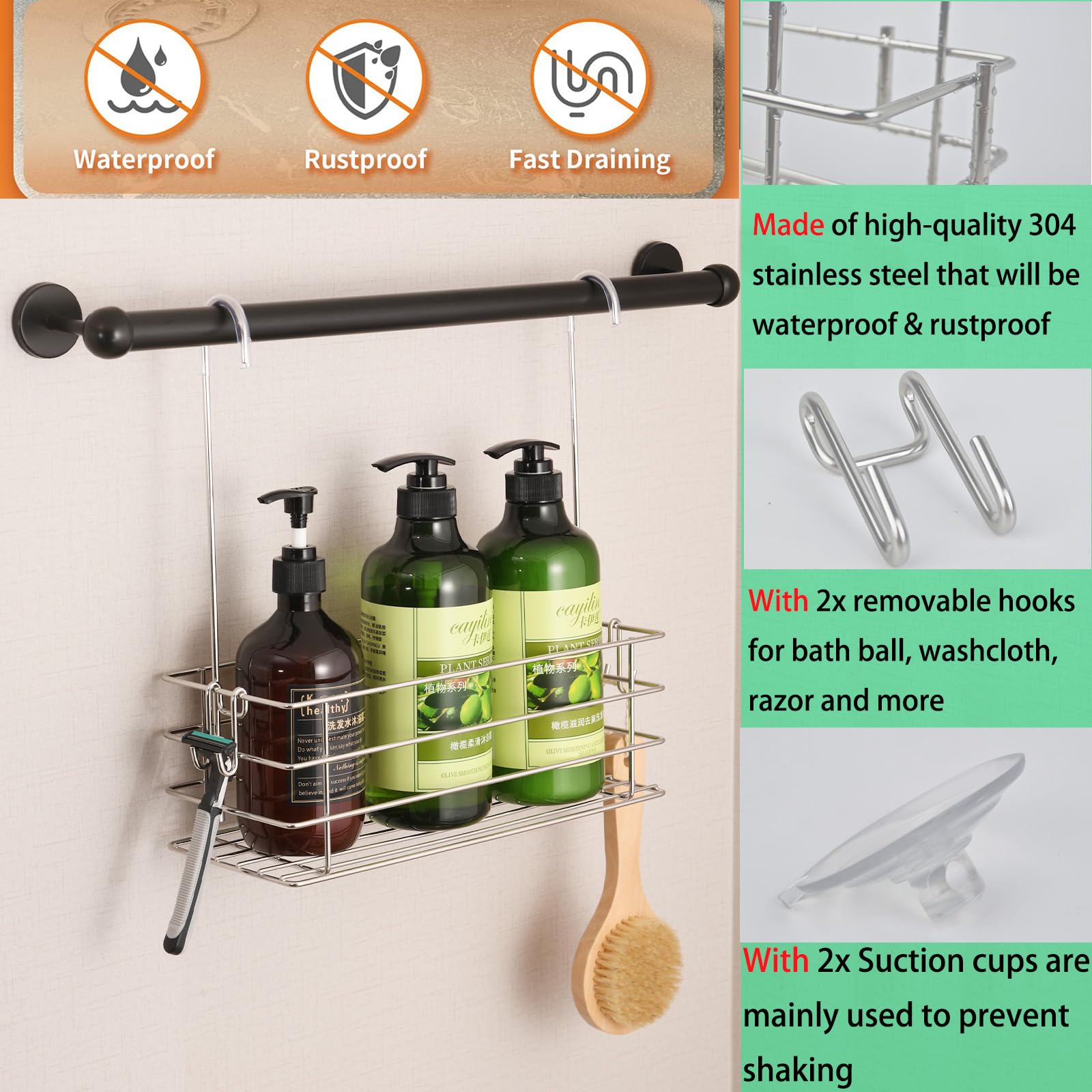 Seltomer Hanging Shower Rack Bathroom Shower Caddy Organizer Shampoo Brakect ，Rotatable Hook Bar ，Rust Proof (Single-Layer)