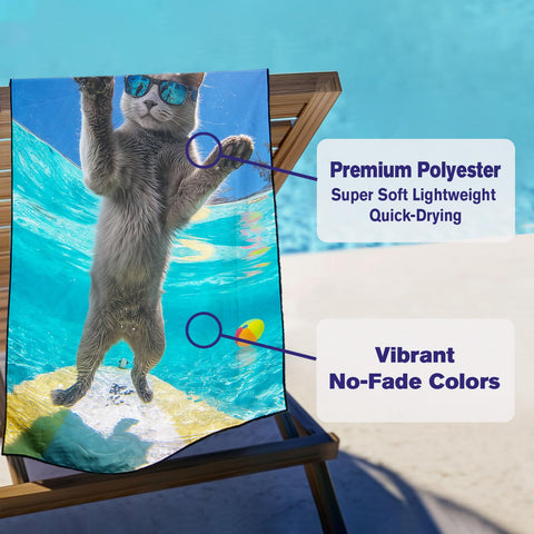 Violetpos Day Surfing Grey Cat with Sunglasses Beach Towel, Extra Large 180x90 cm 250GSM Microfibre, Sand Free Quick Dry