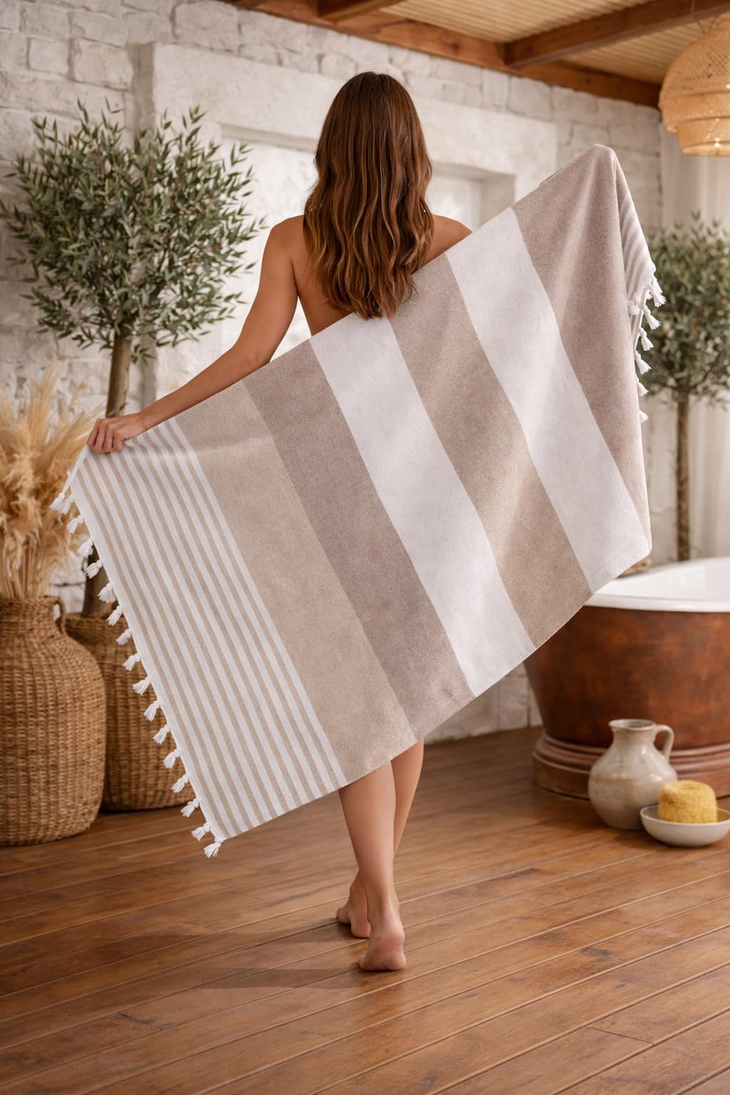 WEFLORIA Turkish Peshtemal Towel – Lightweight Quick Dry Beach & Spa Towel, Oversized Cotton Hammam Towel with Tassels – Travel, Pool, Bath, Sauna