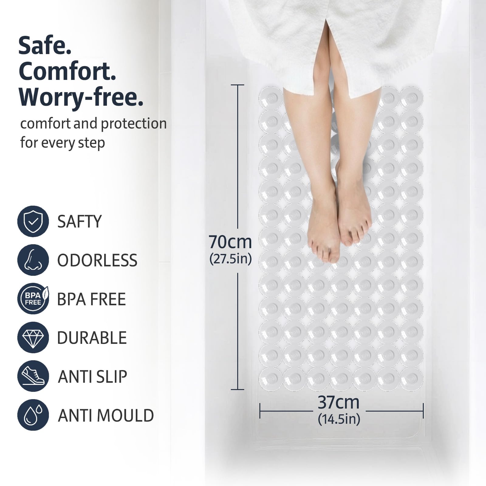 XIYUNTE Shower Mat Non Slip Anti Mould for Elderly-70x37cm Non Slip Bath Mat for Inside Bath, Cut-to-Fit Anti Slip Shower Mat