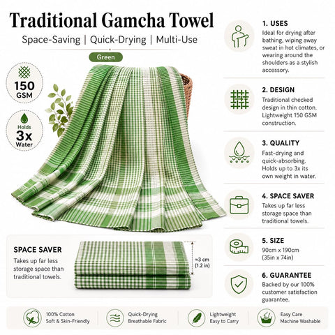 Mayaka786 Light weight Gamcha Bath Towel - Indian Bengali Style (Green)
