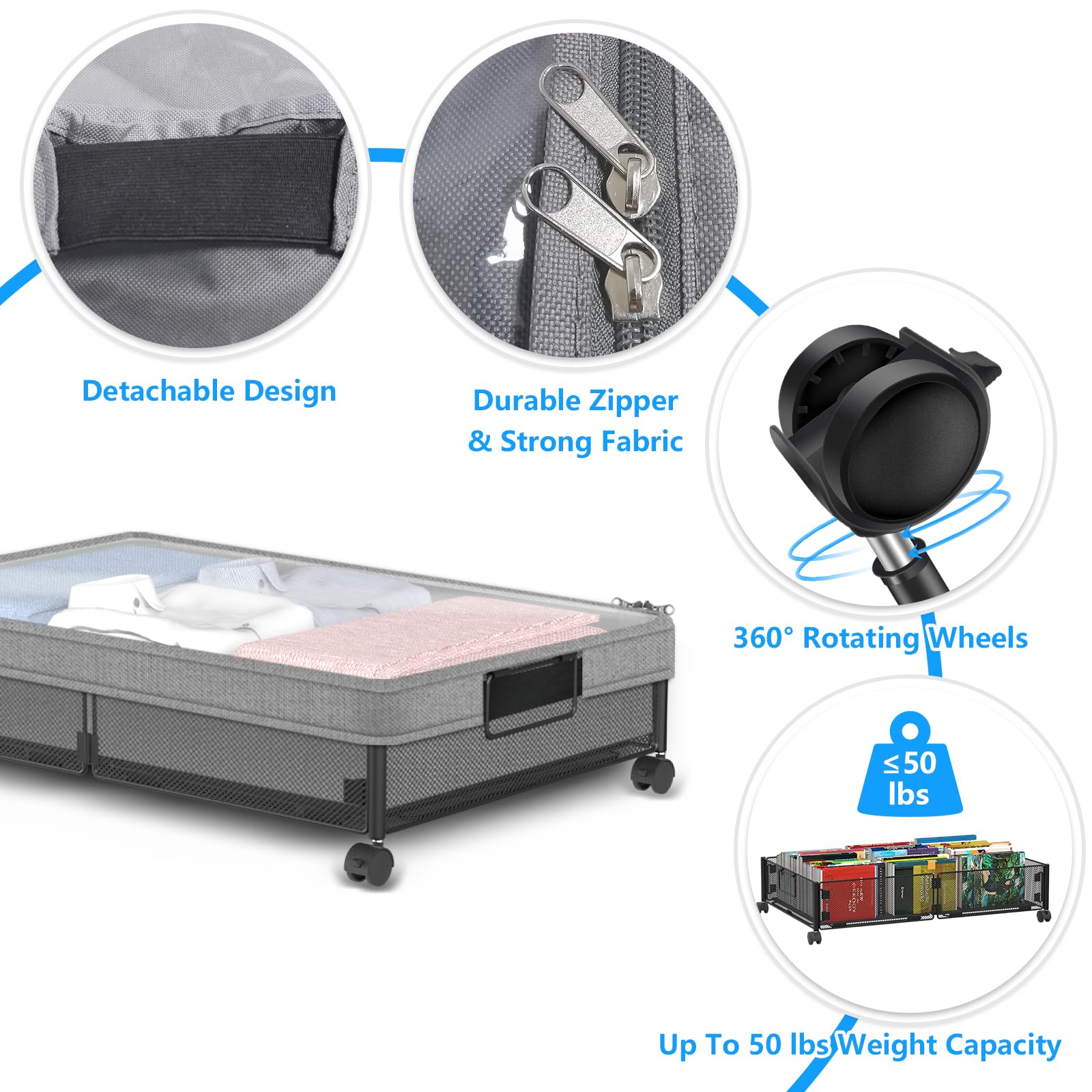 VyGrow Metal Under Bed Storage Containers 2Pack, Rectangular with Wheels & Removable Dust Bags, 24"L x 15.8"W x 5.9"H, 26L Capacity Each