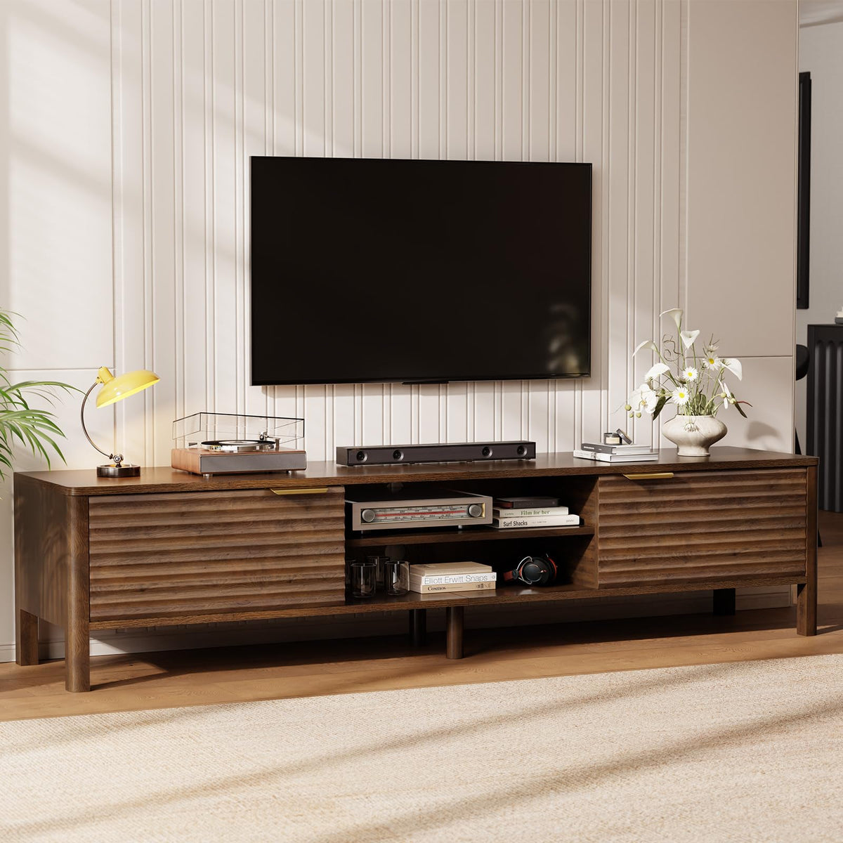 IKALIFE 180cm Walnut TV Unit, Wooden TV Stand Cabinet with Storage