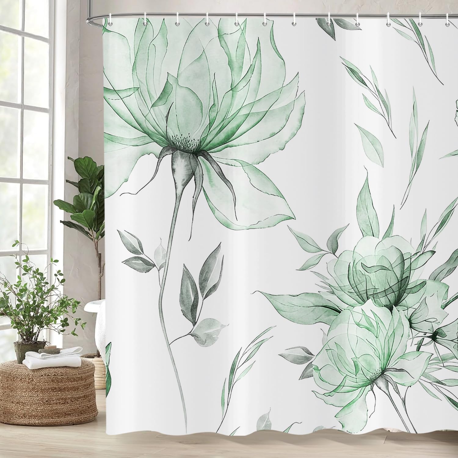 ASDCXZ Watercolor Floral Shower Curtain 180x200 cm, Ink Painting Style Green Flowers Leaves Spring Plants Waterproof Bath Curtain Polyester Textile