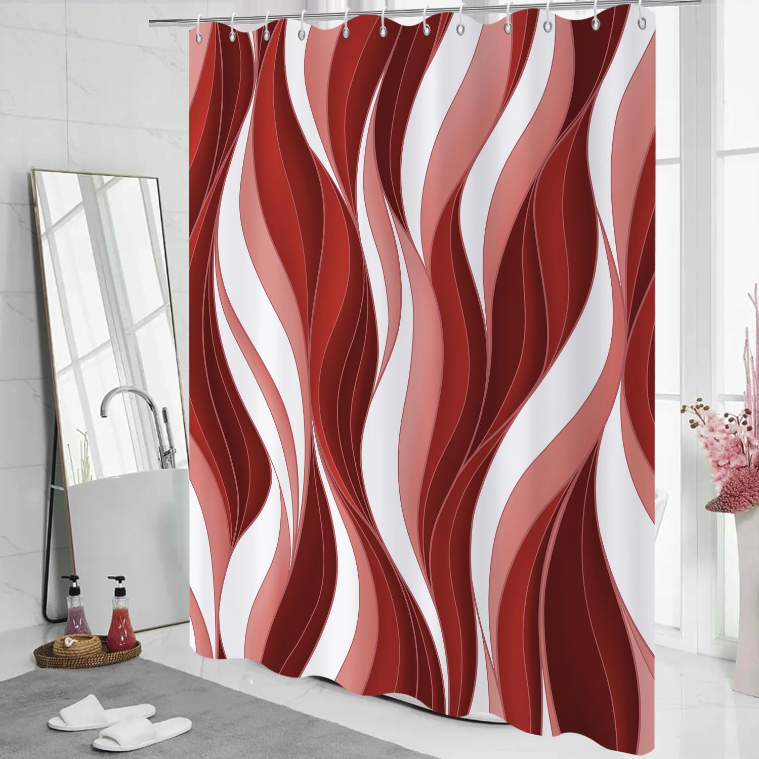 GCIREC Shower Curtain, 180x180cm, Modern Abstract Burgundy Red Pink White Ombre Striped Minimalist Art Waterproof Fabric Machine Washable Bathroom