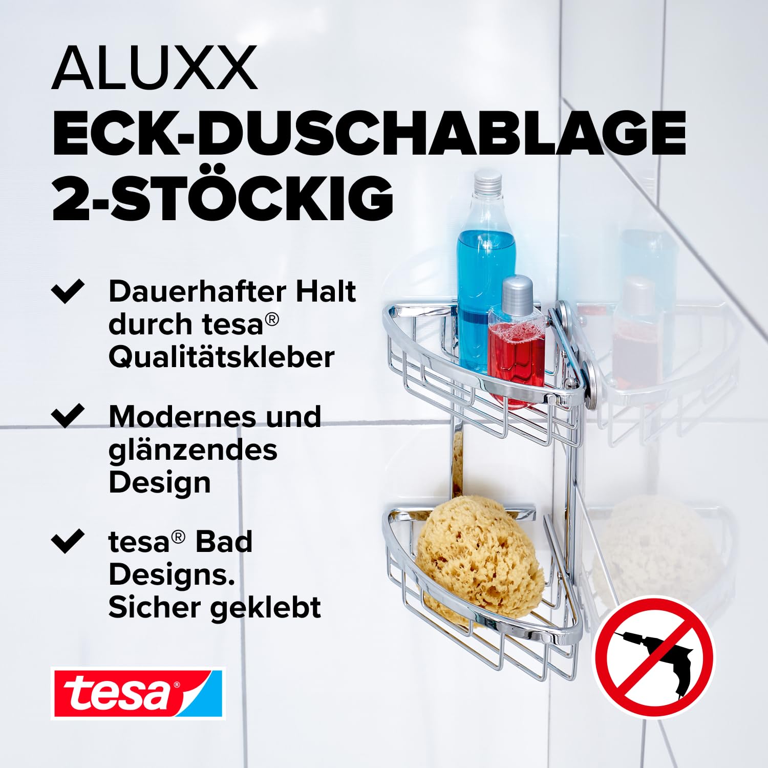 tesa Aluxx Bathroom Corner Shelf, high Gloss Chromed Aluminum, self-Adhesive, Adhesive mounting Technology, 260mm x 163mm x 170mm