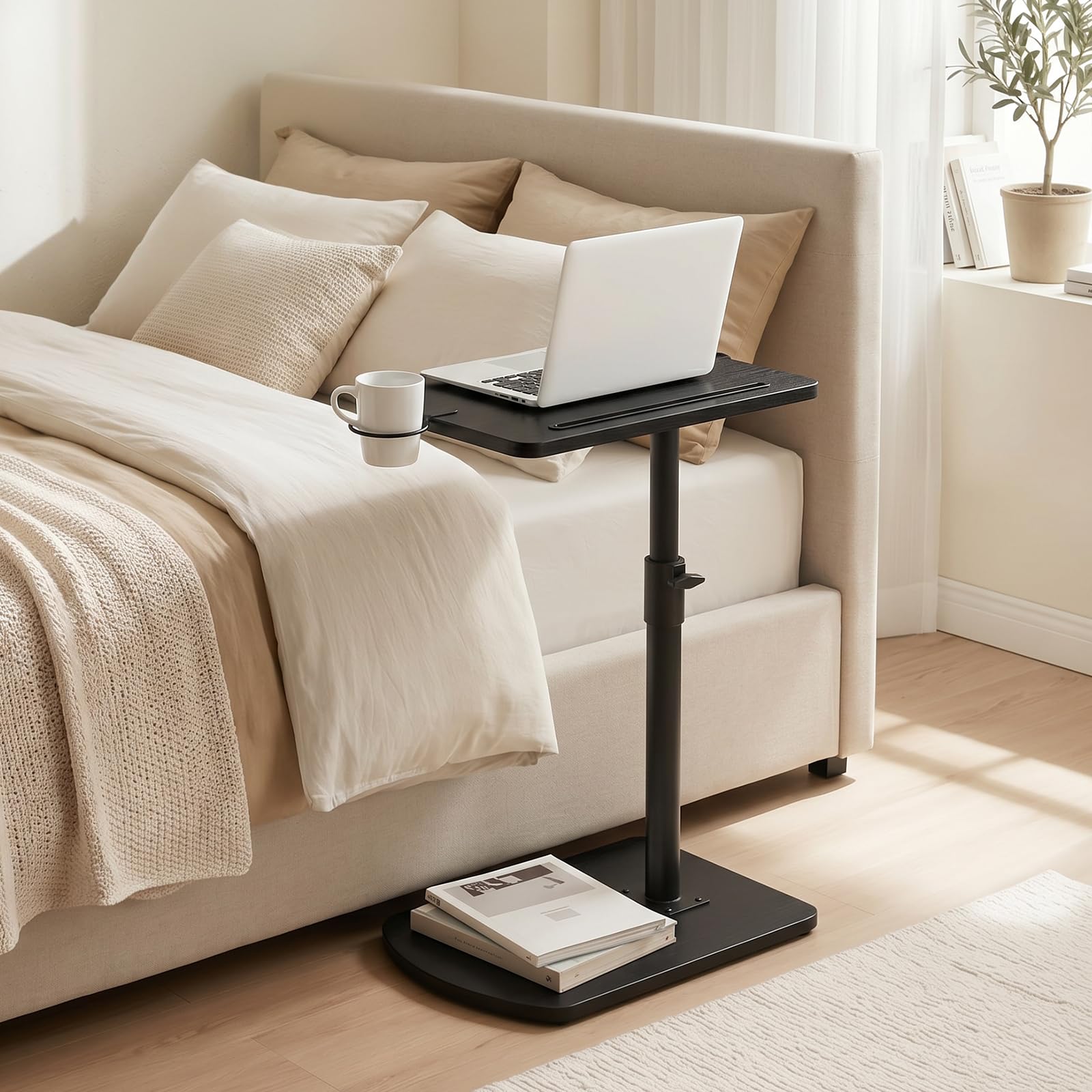 HOOBRO C Shaped Side Table, Height Adjustable Bedside Table, 360° Rotating Sofa Table Laptop Tables with Detachable Cup Holder and Tablet Slot