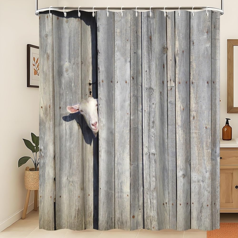 Xiaoterna Rustic Shower Curtain Farm Animal Bathroom Curtain Rustic Wooden Door Cute Sheep in Rustic Wooden Cottage Farmland Waterproof Mildew
