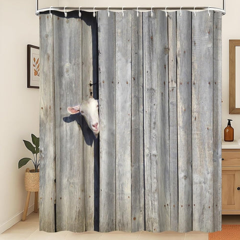 Xiaoterna Rustic Shower Curtain Farm Animal Bathroom Curtain Rustic Wooden Door Cute Sheep in Rustic Wooden Cottage Farmland Waterproof Mildew