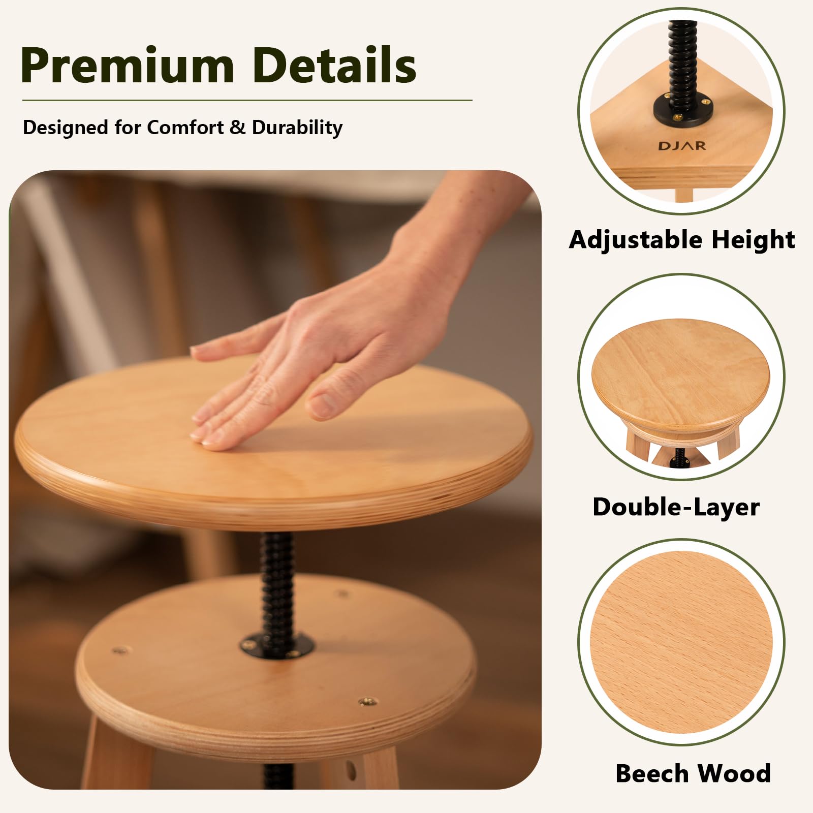 DJAR Wooden Drafting Stool Chair, Adjustable Beech Wood Artist Stool, Swivel Seat 19"-26", Tall Wooden Stool for Studio, Kitchen