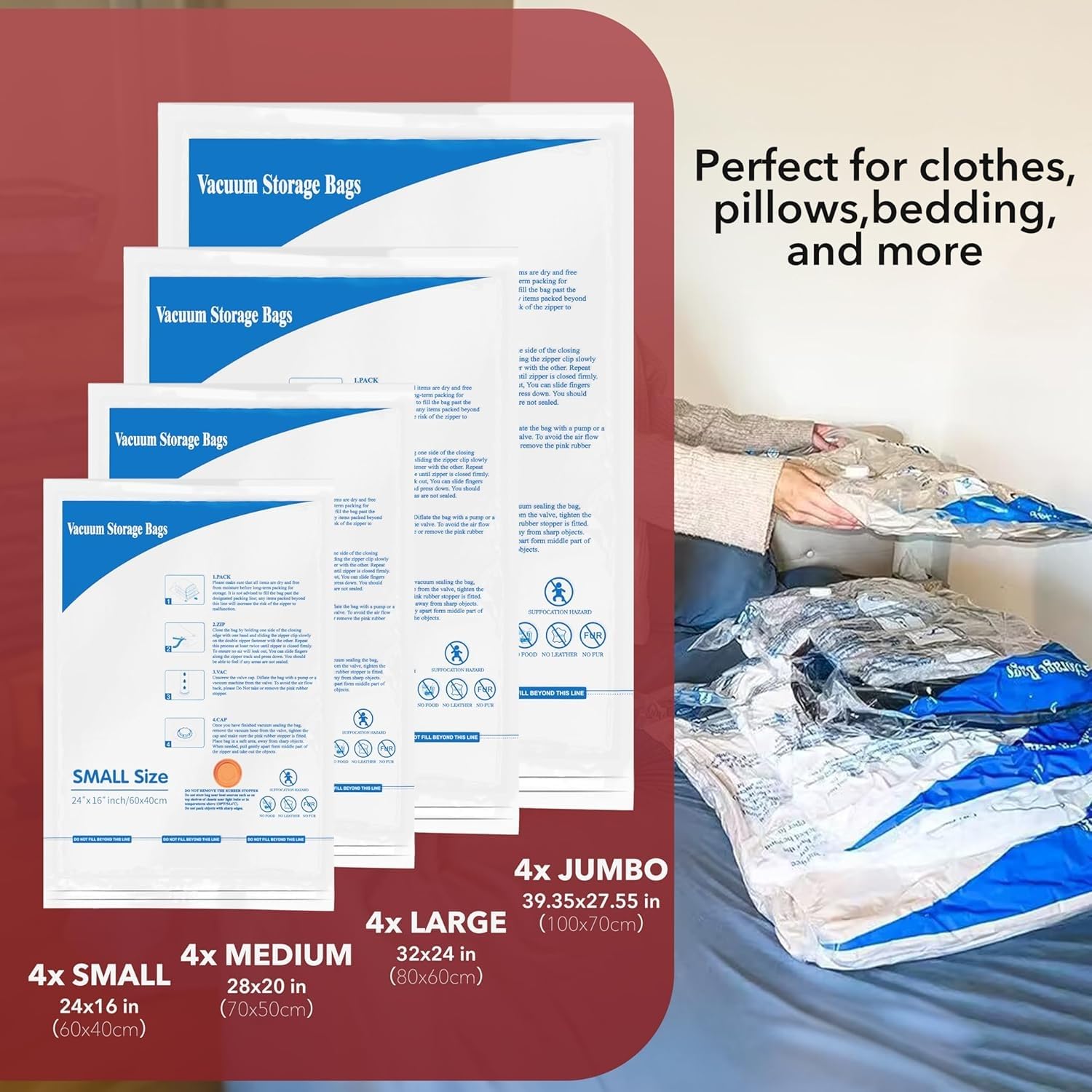 16 Pack Vacuum Storage Bags with Electric Air Pump,4 jumbo, 4 large, 4 midium, 4 small bags Airtight Compression Bags for Clothes, Pillows