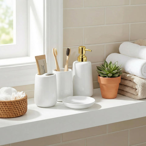 Bathroom Accessories Set, 4 Pcs Ceramic Bath Accessory Set Elegant Modern Toothbrush and Toothpaste Holder + Toothbrush Tumbler + Liquid Soap or