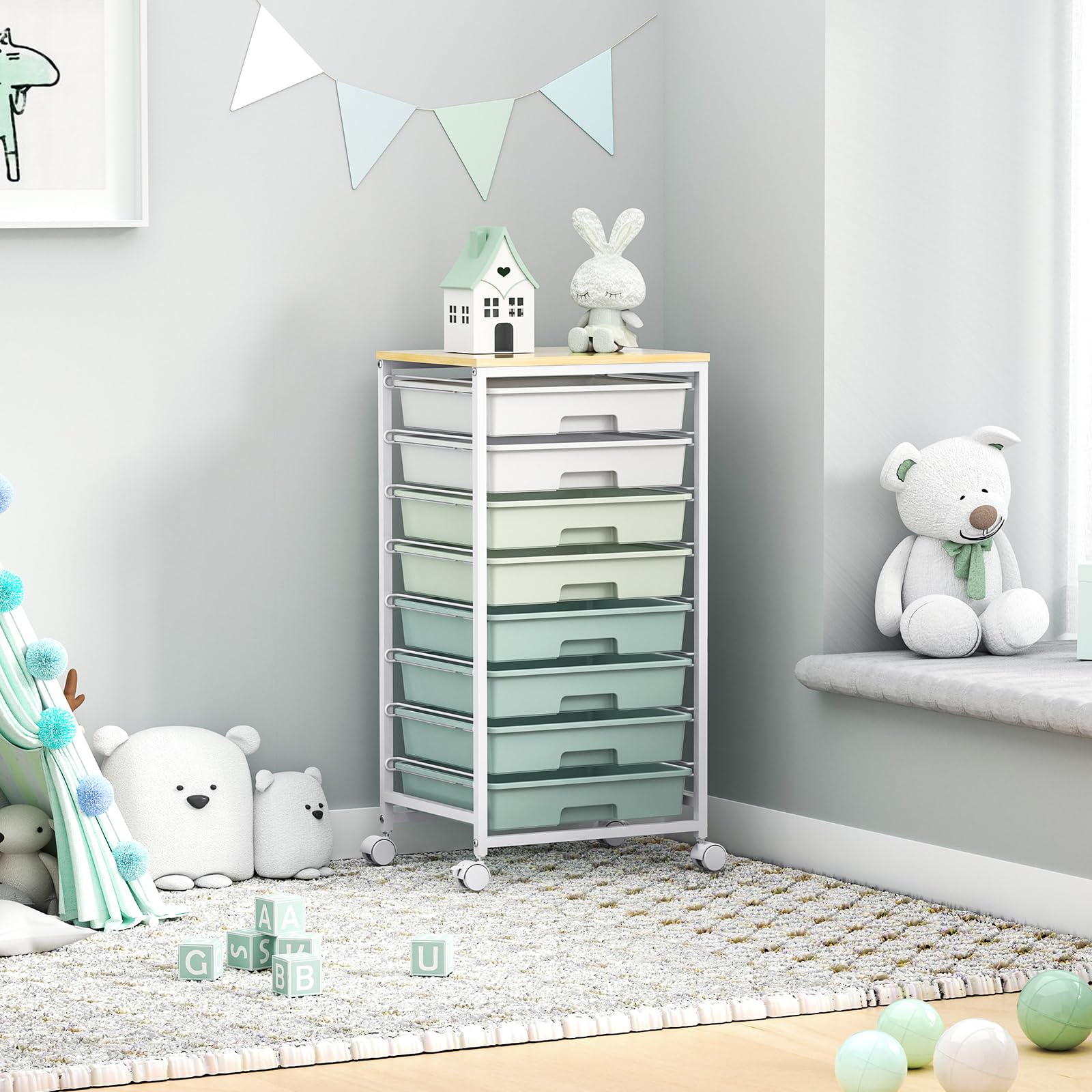 SYKIARIOL 8-Drawer Storage Trolley Rolling Cart with Lockable Wheels, Green