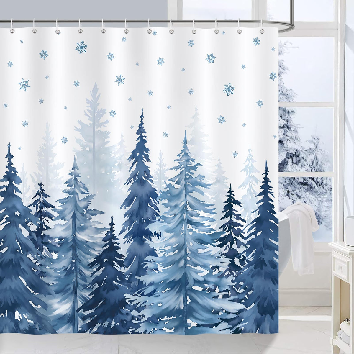COZZSNUGE Winter Misty Forest Shower Curtain, Blue Pine Tree Snowflake Nature Snow Scene Bathroom Curtain 180 x 180 cm