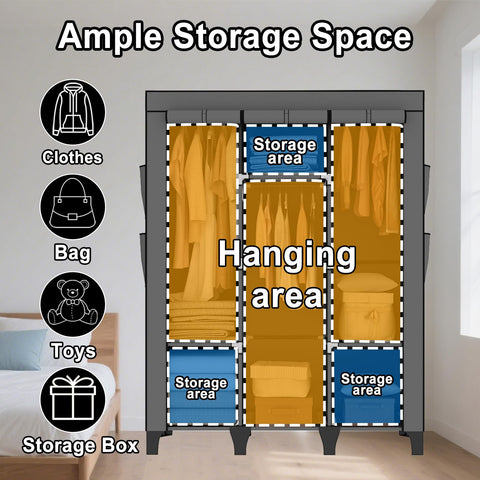 OPPAIYA Canvas Wardrobe, Portable Wardrobe With 3 Hanging Rails, 6 Shelves and 8 Side Bags, 165 * 45 * 125cm Temporary Storage Closet