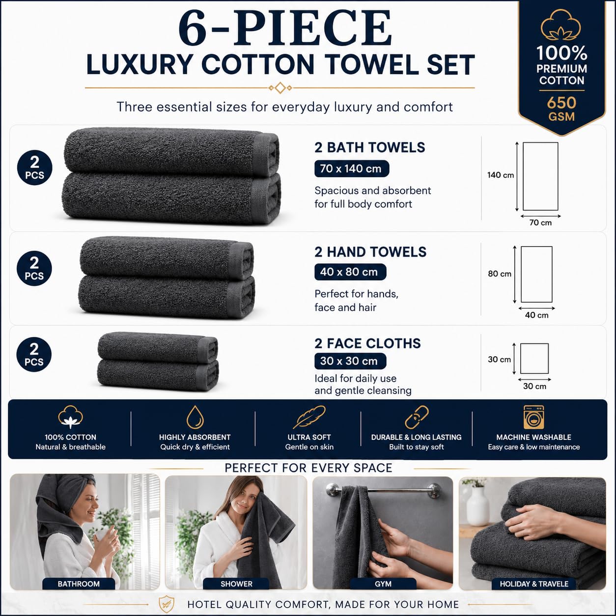 D.Sirez Signature Collection – Luxury 6 Piece Charcoal Grey Towel Set, 650 GSM Cotton Bathroom Towels, 2 Bath Towels, 2 Hand Towels & 2 Face Cloths