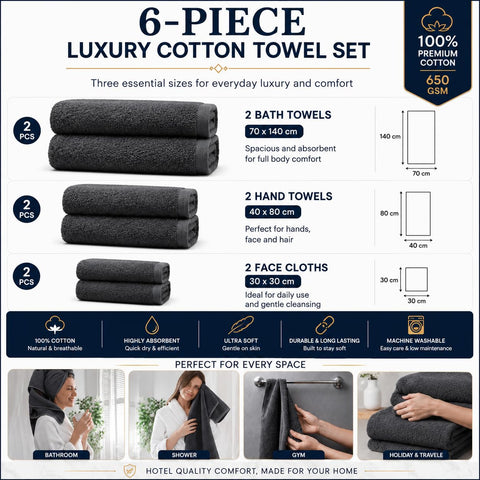 D.Sirez Signature Collection – Luxury 6 Piece Charcoal Grey Towel Set, 650 GSM Cotton Bathroom Towels, 2 Bath Towels, 2 Hand Towels & 2 Face Cloths