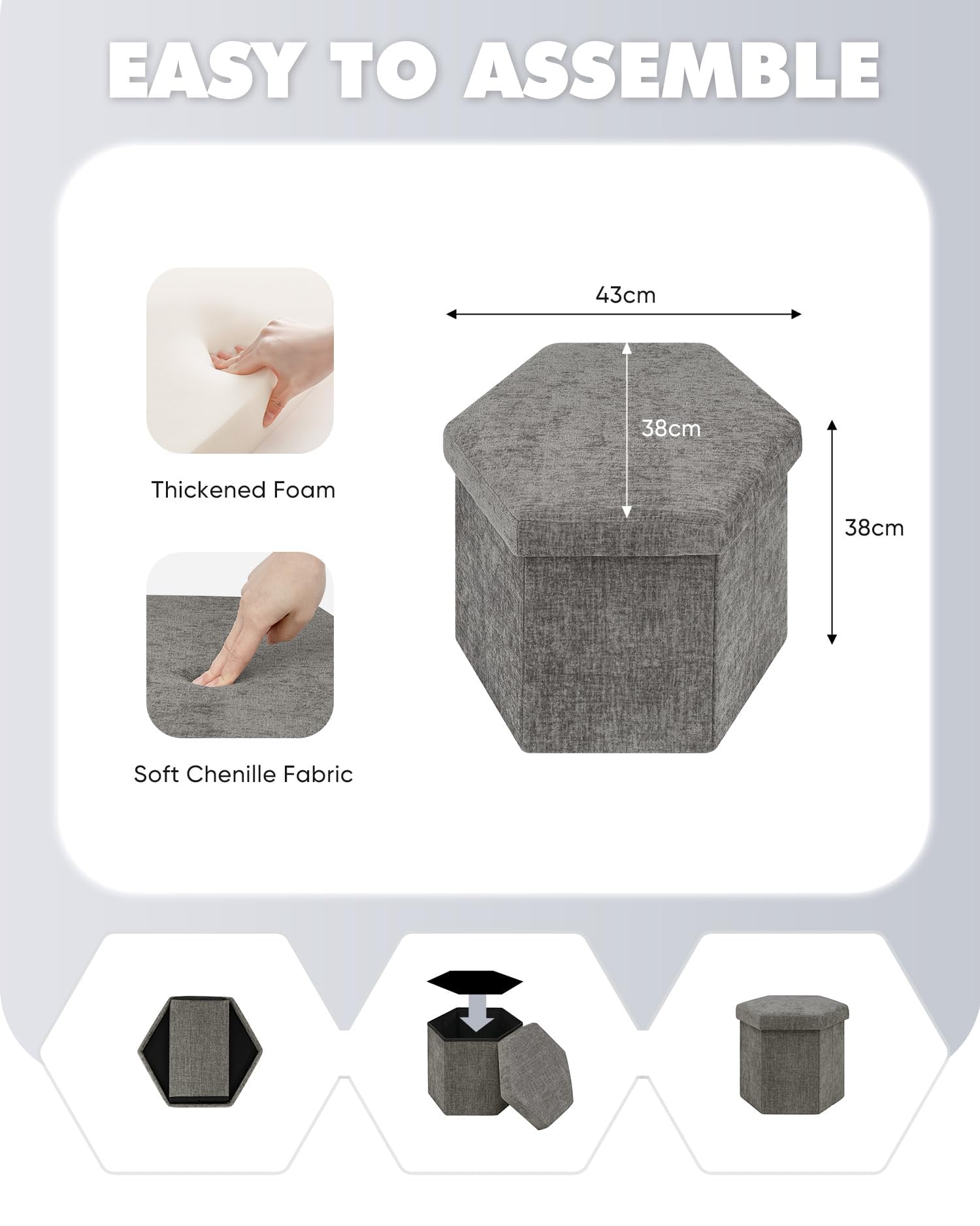Bonlife Folding Storage Ottoman Hexagonal, Footrest with Toy Ches Box, 43cm