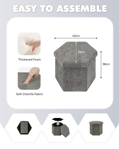 Bonlife Folding Storage Ottoman Hexagonal, Footrest with Toy Ches Box, 43cm