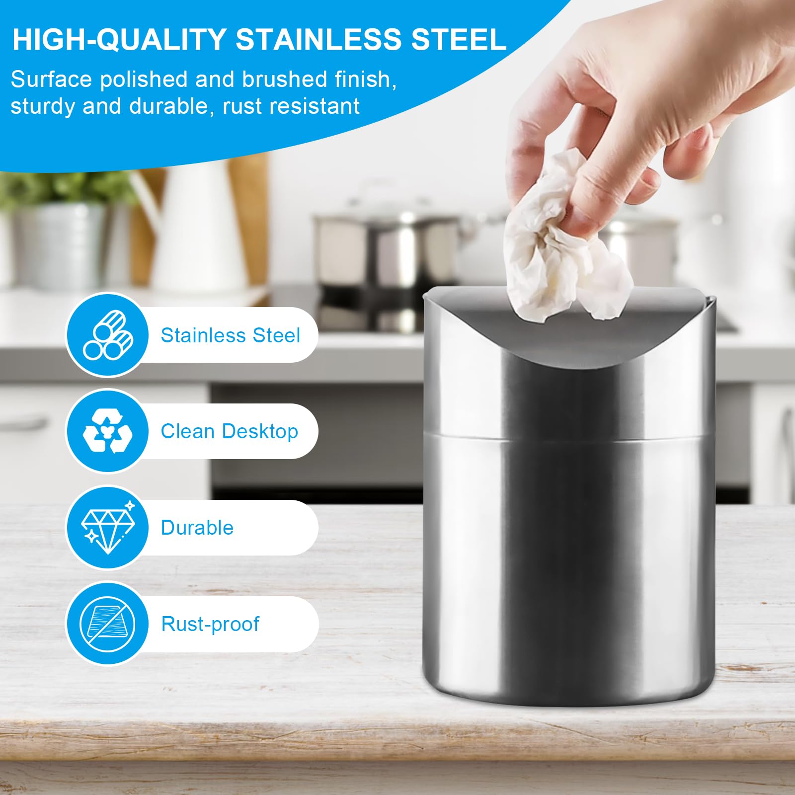 Chesomn Stainless Steel Desktop Trash Bin, 2L Mini Desktop Bin with Lid