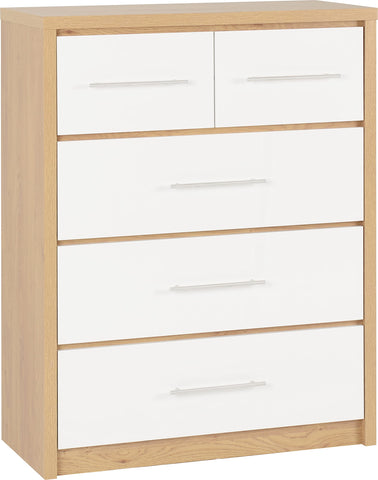 Seconique Seville 3+2 Drawer Chest in White Gloss/Light Oak Effect Veneer