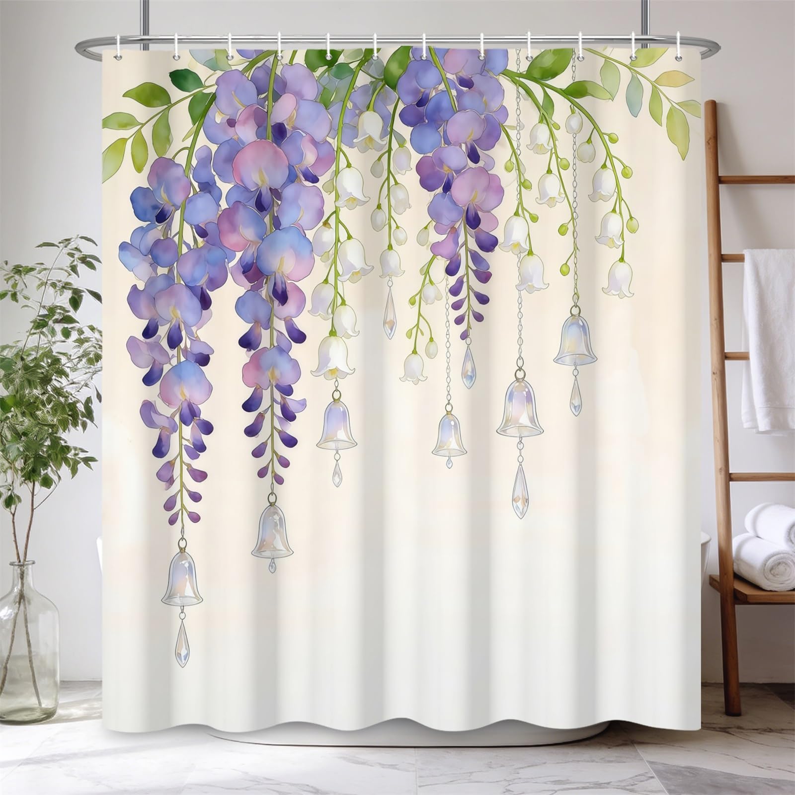 Kzzfqxb 180x180cm Floral Shower Curtains with Plastic Hooks, Purple Hanging Wisteria Flowers and White Lily Bells Waterproof Polyester Fabric for