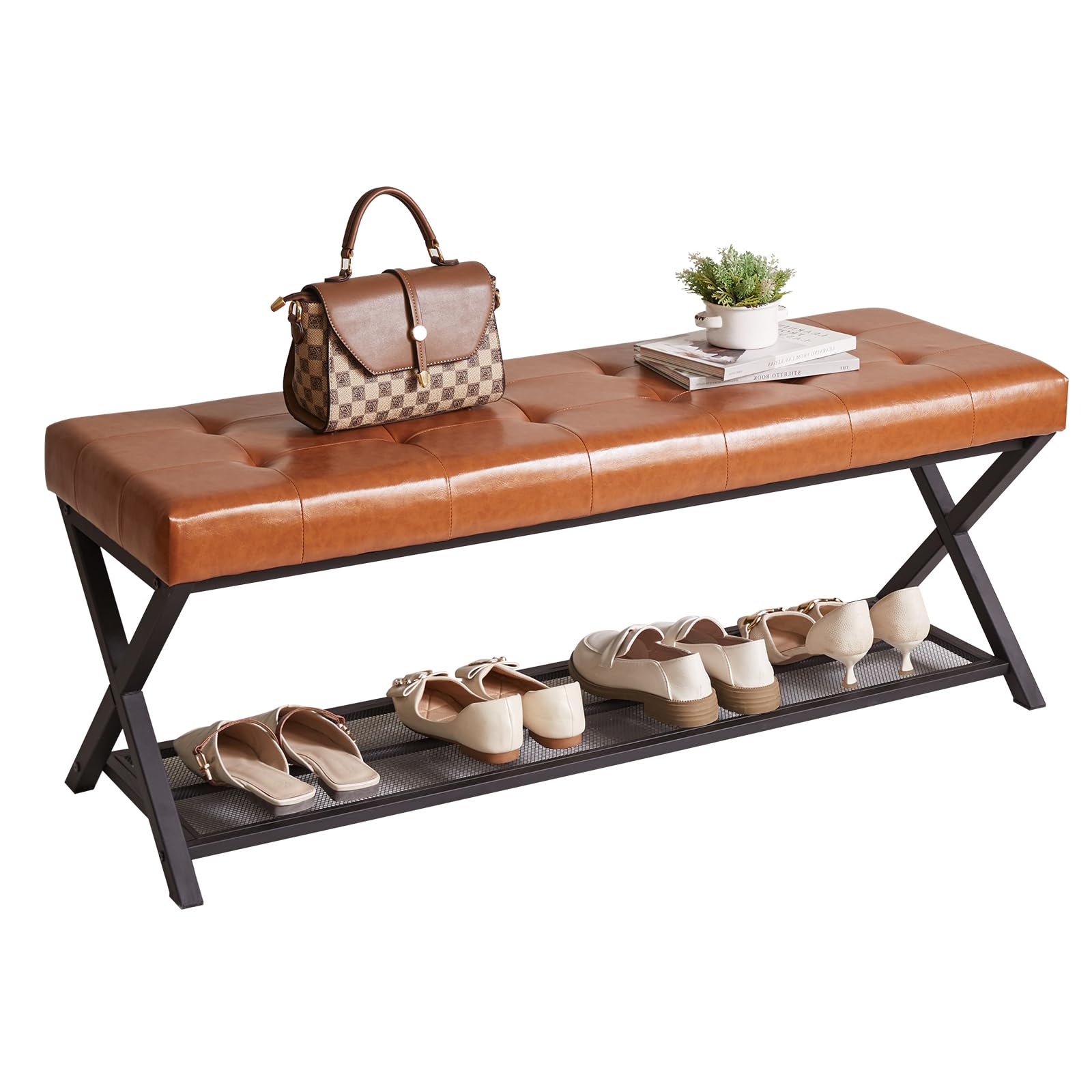 Aibiju Shoe bench with Seat, 44.5” End of Bed Storage Bench with Wire Mesh Shelves, PU Leather Tufted Upholstered Storage Ottoman Bench for Bedroom