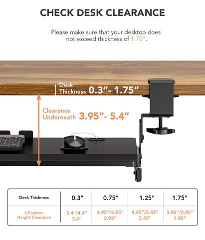 Keyboard Tray Under Desk Pull Out with Extra Sturdy C Clamp Mount System, 693.42 (825.5 mm Including Clamps) x 279.4 mm Slide-Out Platform Computer