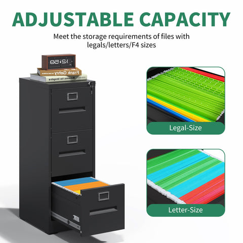 IKIMI Black Metal File Cabinet with 3 Drawer,Vertical File Cabinet with Lock for A4/Letter/Legal Size Files,Steel Filing Cabinets for Home